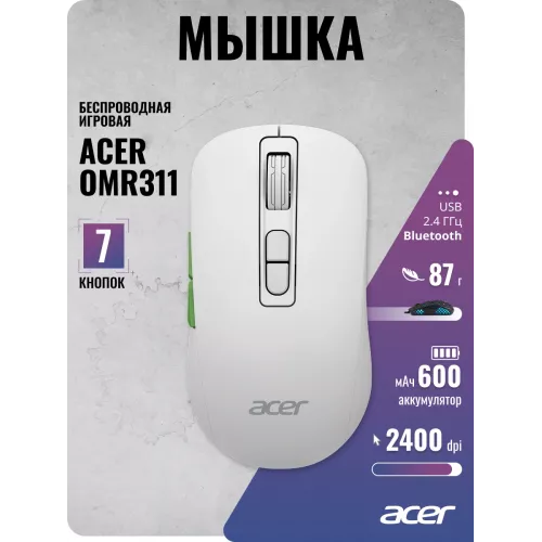 Мышь Acer OMR311 белый оптическая 2400dpi беспров. BT/Radio USB 7but (ZL.MCECC.034)