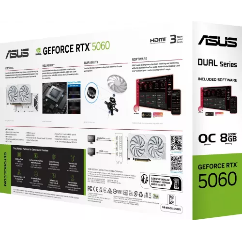 Видеокарта Asus PCI-E 5.0 DUAL-RTX5060-O8G-WHITE NVIDIA GeForce RTX 5060 8Gb 128bit GDDR7 2535/28000 HDMIx1 DPx3 HDCP Ret