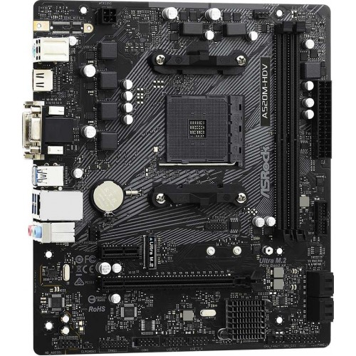 Материнская плата Asrock A520M-HDV Soc-AM4 AMD A520 2xDDR4 mATX AC`97 8ch(7.1) GbLAN RAID+VGA+DVI+HDMI