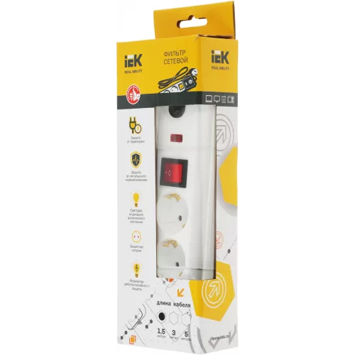 Сетевой фильтр IEK СФ-03К 1.5м (3 розетки) белый (коробка)