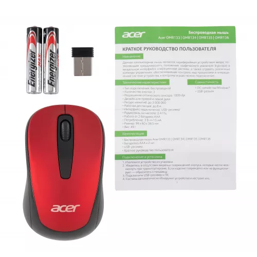 Мышь Acer OMR136 красный оптическая 1000dpi беспров. USB для ноутбука 3but (ZL.MCEEE.01J)