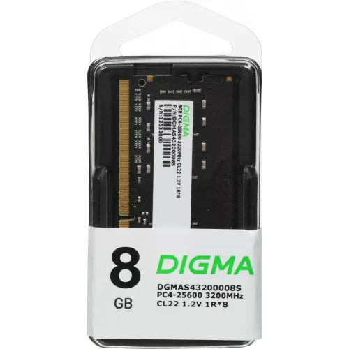 Память DDR4 8Gb 3200MHz Digma DGMAS43200008S RTL PC4-25600 CL22 SO-DIMM 260-pin 1.2В single rank Ret