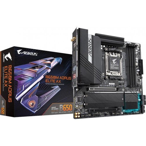 Материнская плата Gigabyte B650M AORUS ELITE AX Socket AM5 AMD B650 4xDDR5 mATX AC`97 8ch(7.1) 2.5Gg RAID+HDMI+DP