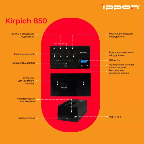 Источник бесперебойного питания Ippon Kirpich 850 480Вт 850ВА черный