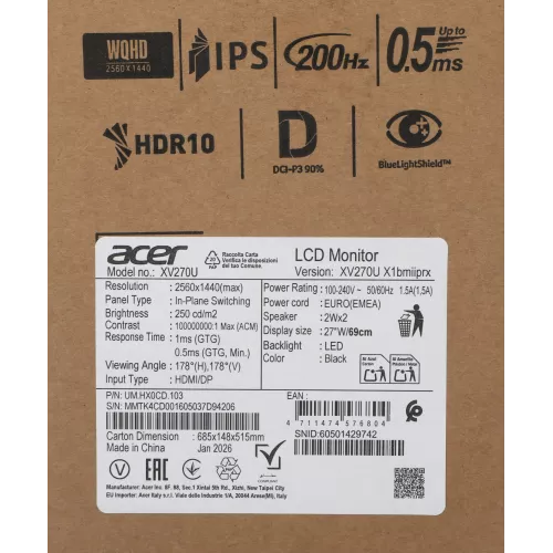 Монитор Acer 27" Nitro XV270UX1bmiiprx черный IPS LED 16:9 HDMI M/M матовая HAS Piv 1000:1 250cd 178гр/178гр 2560x1440 200Hz FreeSync Premium DP 2K 5.03кг