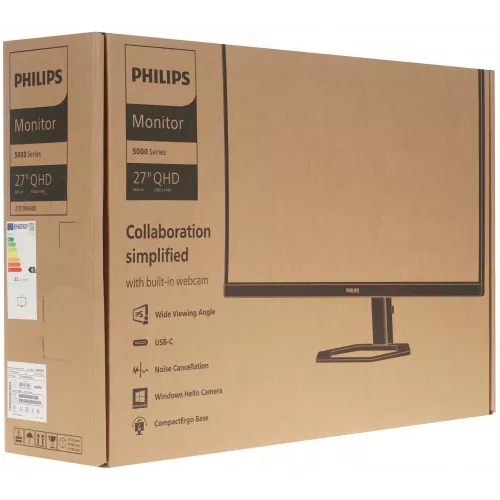 Монитор Philips 27" 27E1N5600HE черный IPS LED 16:9 HDMI M/M Cam матовая HAS 1000:1 300cd 178гр/178гр 2560x1440 75Hz DP 2K USB 6.57кг