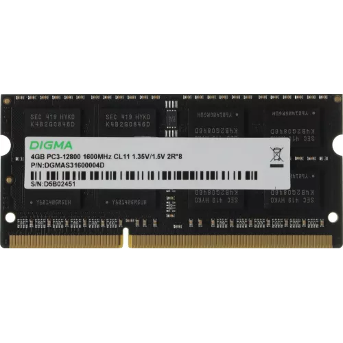Память DDR3 4GB 1600MHz Digma DGMAS31600004D RTL PC3-12800 CL11 SO-DIMM 204-pin 1.35В dual rank Ret