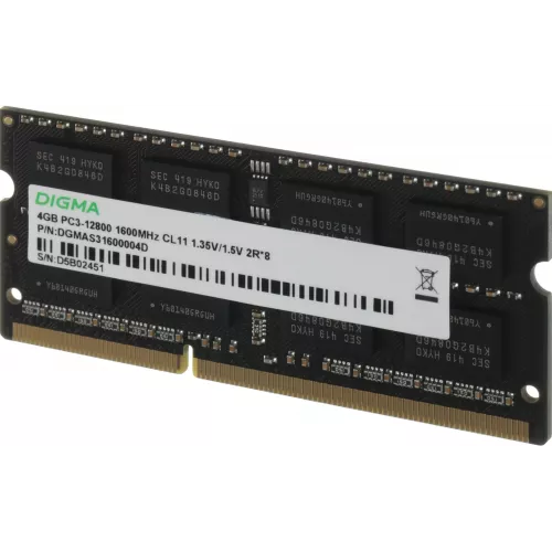 Память DDR3 4GB 1600MHz Digma DGMAS31600004D RTL PC3-12800 CL11 SO-DIMM 204-pin 1.35В dual rank Ret