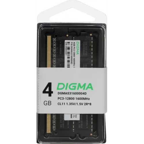 Память DDR3 4GB 1600MHz Digma DGMAS31600004D RTL PC3-12800 CL11 SO-DIMM 204-pin 1.35В dual rank Ret