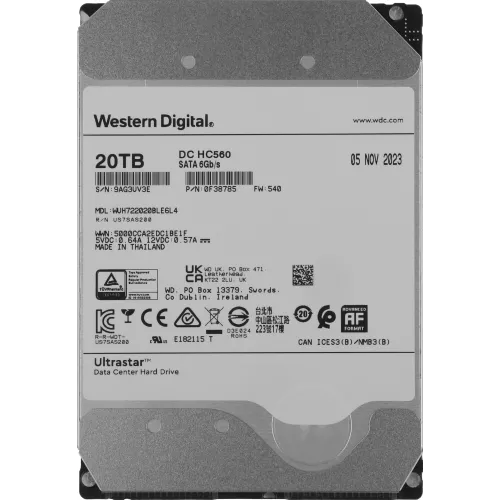 Жесткий диск WD SATA-III 20TB 0F38785/0F38643 WUH722020BLE6L4 Server Ultrastar DC HC560 512E (7200rpm) 512Mb 3.5"