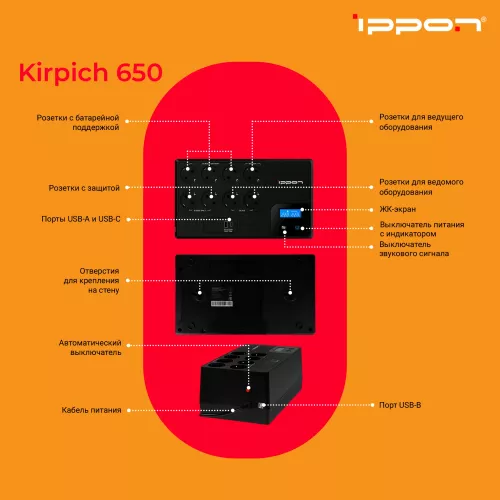Источник бесперебойного питания Ippon Kirpich 650 360Вт 650ВА черный