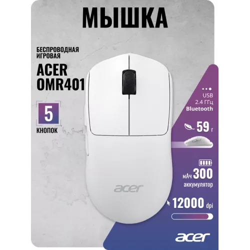 Мышь Acer OMR401 белый оптическая 12000dpi беспров. BT/Radio USB 5but (ZL.MCECC.05D)
