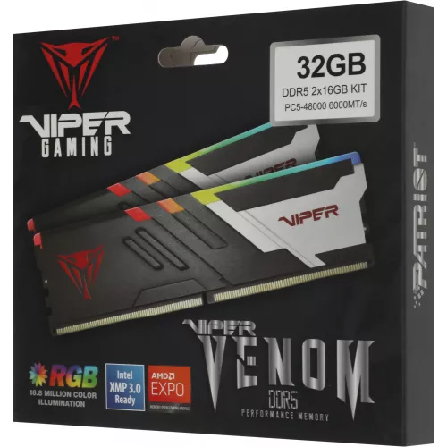 Память DDR5 2x16GB 6000MHz Patriot PVVR532G600C30K Viper Venom RGB RTL Gaming PC5-48000 CL30 DIMM 288-pin 1.35В kit с радиатором Ret