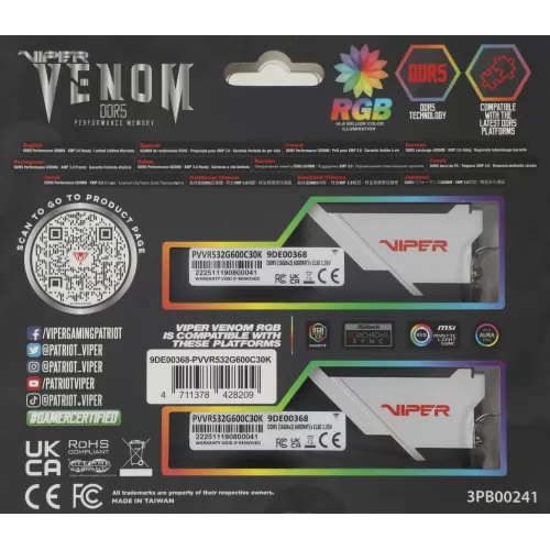 Память DDR5 2x16GB 6000MHz Patriot PVVR532G600C30K Viper Venom RGB RTL Gaming PC5-48000 CL30 DIMM 288-pin 1.35В kit с радиатором Ret