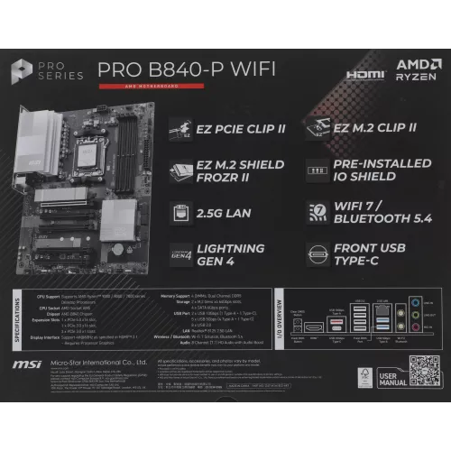 Материнская плата MSI PRO B840-P WIFI Socket AM5 AMD B840 4xDDR5 ATX AC`97 8ch(7.1) 2.5Gg RAID+HDMI
