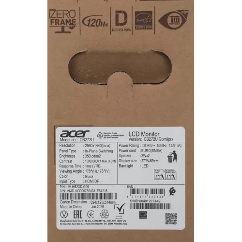 Монитор Acer 27" Vero CB272UGbmiiprx черный IPS LED 1ms 16:9 HDMI M/M матовая HAS Piv 350cd 178гр/178гр 2560x1440 120Hz FreeSync DP 2K 5.65кг