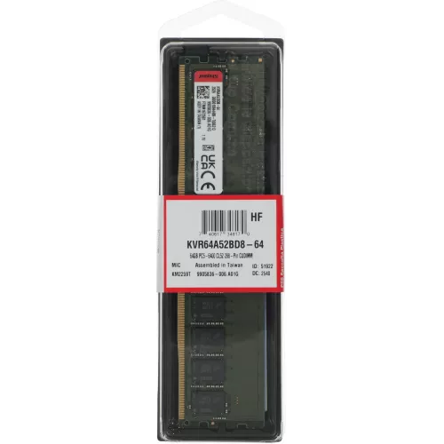 Память DDR5 64GB 6400MHz Kingston KVR64A52BD8-64 Valueram RTL PC5-51200 CL52 DIMM 288-pin 1.1В dual rank Ret