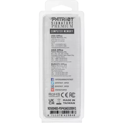 Память DDR4 16GB 3200MHz Patriot PSP416G3200H1 Signature Premium RTL PC4-25600 CL22 DIMM 288-pin 1.2В dual rank с радиатором Ret