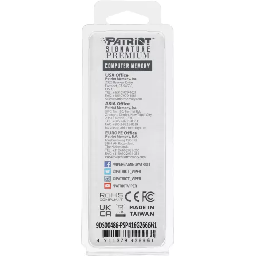 Память DDR4 16GB 2666MHz Patriot PSP416G2666H1 Signature Premium RTL PC4-21300 CL19 DIMM 288-pin 1.2В dual rank с радиатором Ret