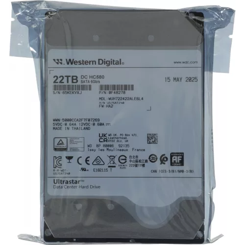 Жесткий диск WD SATA-III 22TB 0F48278/0F62785 WUH722422ALE6L4 Server Ultrastar DC HC580 (7200rpm) 512Mb 3.5"