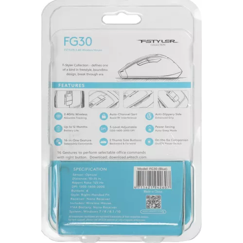 Мышь A4Tech Fstyler FG30 серый/синий оптическая 2000dpi беспров. USB 6but (FG30 BLUE)