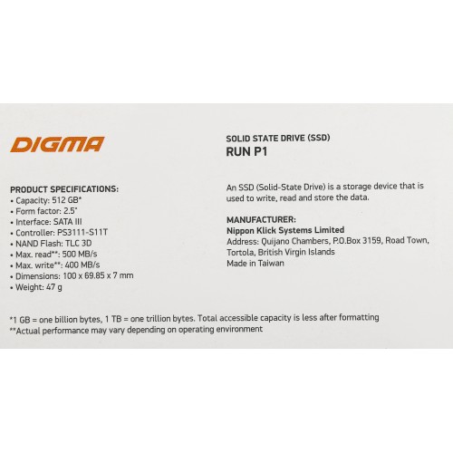 Накопитель SSD Digma SATA-III 512GB DGSR2512GP13T Run P1 2.5"