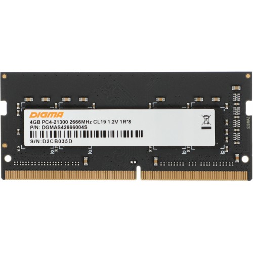 Память DDR4 4Gb 2666MHz Digma DGMAS42666004S RTL PC4-21300 CL19 SO-DIMM 260-pin 1.2В single rank Ret