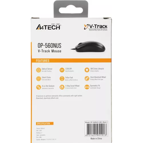 Мышь A4Tech OP-560NUS черный оптическая 1200dpi silent USB 2but