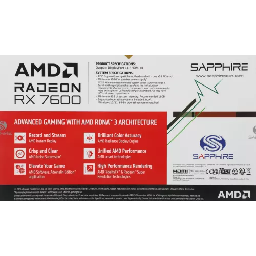 Видеокарта Sapphire PCI-E 4.0 11324-01-20G PULSE RX 7600 GAMING AMD Radeon RX 7600 8Gb 128bit GDDR6 2355/17500 HDMIx1 DPx3 HDCP Ret