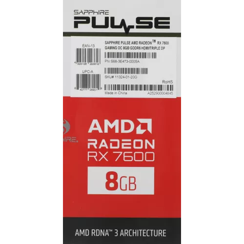 Видеокарта Sapphire PCI-E 4.0 11324-01-20G PULSE RX 7600 GAMING AMD Radeon RX 7600 8Gb 128bit GDDR6 2355/17500 HDMIx1 DPx3 HDCP Ret