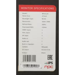 Монитор NPC 27" MF2712-B черный IPS LED 4ms 16:9 HDMI M/M Cam матовая HAS Piv 1000:1 300cd 178гр/178гр 1920x1080 100Hz G-Sync FreeSync VGA DP FHD USB 7.9кг