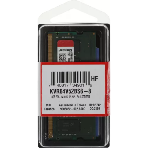 Память DDR5 8GB 6400MHz Kingston KVR64V52BS6-8 Valueram RTL PC5-51200 CL52 SO-DIMM 262-pin 1.1В single rank Ret