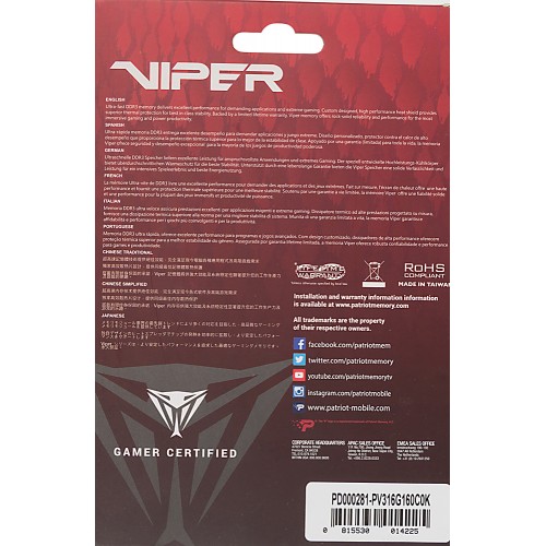 Память DDR3 2x8GB 1600MHz Patriot PV316G160C0K Viper 3 RTL Gaming PC3-12800 CL10 DIMM 240-pin 1.5В dual rank с радиатором Ret