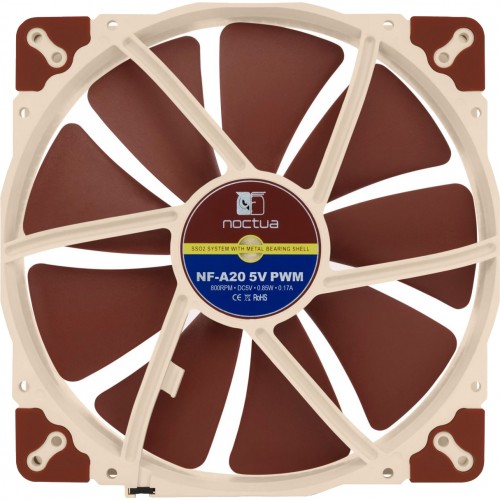 Кулер для корпуса/ Case Cooler Noctua NF-A20 5V PWM (200x200x30mm, 4-pin PWM, 86.46CFM, 18.1dBA, 800RPM, Beige/Brown)