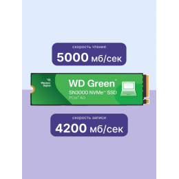 Твердотельные накопители/ WD SSD Green SN3000, 1000GB, M.2(22x80mm), NVMe, PCIe 4.0 x4, QLC, R/W 5000/4200MB/s, TBW 150, DWPD 0.1 (12 мес.)