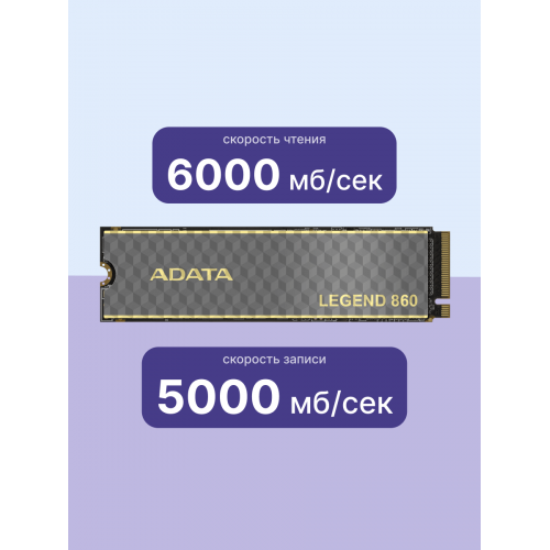 Твердотельный накопитель/ ADATA SSD LEGEND 860, 2000GB, M.2(22x80mm), NVMe 1.4, PCIe Gen 4x4, 3D NAND, R/W 6000/5000MB/s, IOPs н.д./н.д., TBW 640, DWPD 0.2 (5 лет) ADATA