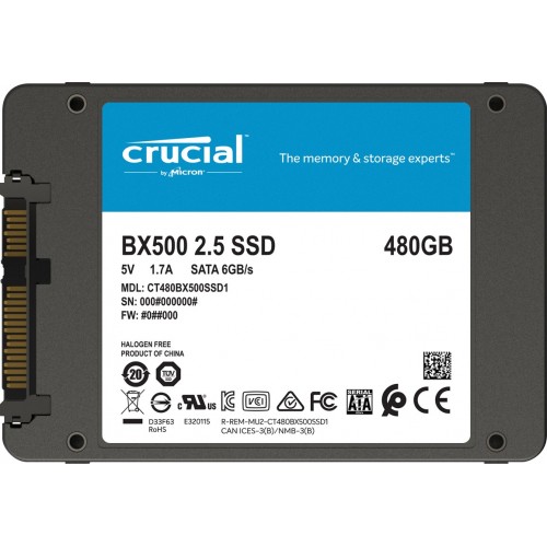 Твердотельный накопитель/ Crucial SSD BX500, 480GB, 2.5" 7mm, SATA3, 3D TLC, R/W 540/500MB/s, IOPs 95 000/61 000, TBW 120, DWPD 0.2 (12 мес.) Crucial