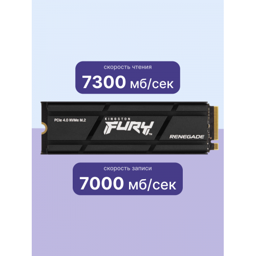 Твердотельный накопитель/ Kingston SSD Fury Renegade, 2000GB, M.2(22x80mm), NVMe, PCIe 4.0 x4, 3D TLC, R/W 7300/7000MB/s, IOPs 1 000 000/1 000 000, DRAM buffer 2048MB, TBW 2000, DWPD 0.55, with Heat Spreader (60 мес) Kingston