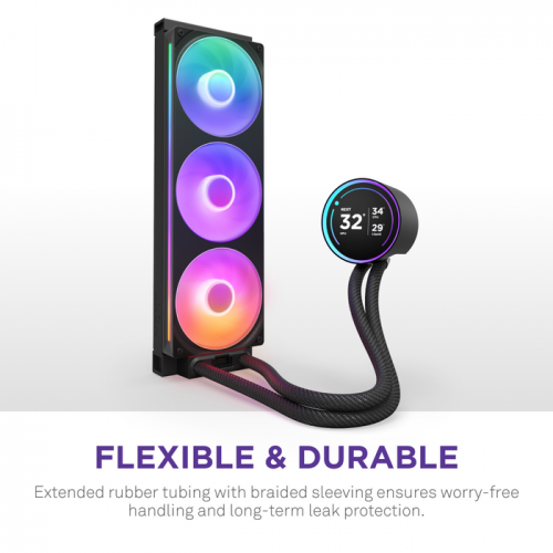 Система жидкостного охлаждения для ПК/ Water Cooling System NZXT Kraken Elite 360 RGB (270W, 360mm, LED temp., Black, RGB/ Fans: 1xF360 RGB Core Fan, 75.12CFM, 30dBA, 2400RPM/ Pump height 65mm, 2800RPM, Rad thickness 27mm/ S: 1851, 1700, 1200, 115X, AM5, 
