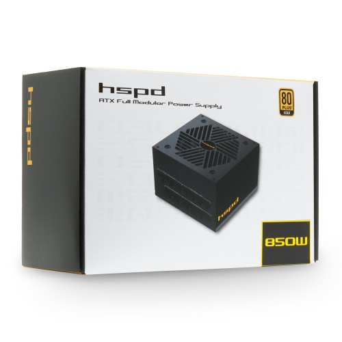 Блок питания/ Power Supply HSPD, 850W 80+ Gold (ATX, 2.52, Full modular, 1x24(20+4)pin mesh 550mm, 1xCPU*2 8(4+4)pin 650+150mm, 2xPCIe*2 8(6+2)pin 500+150mm, 2xSATA*3 450+150+150mm, 1xMOLEX4pin*3 450+150+150mm , Active, 120x120mm, 150x140x86mm, APFC, OVP,