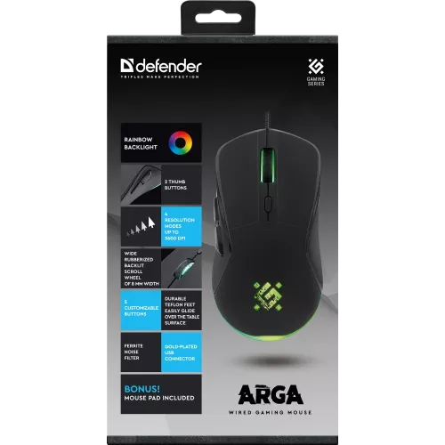 Defender Проводная игровая мышь Arga GM-049 черн,радуж,6кн,3600dpi,+ковер Defender