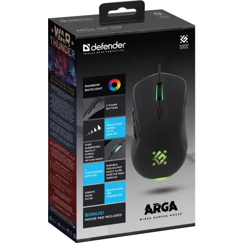 Defender Проводная игровая мышь Arga GM-049 черн,радуж,6кн,3600dpi,+ковер Defender