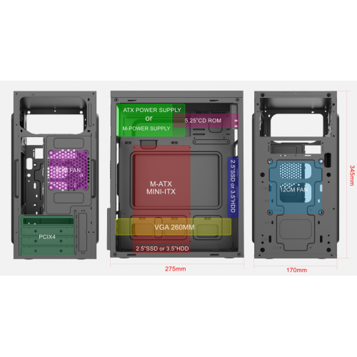 Корпус с блоком питания 450Вт./ Case Forza mATX case, black, w/PSU 450W 12cm, w/2xUSB3.0, w/pwr cord, w/o FAN Foxline