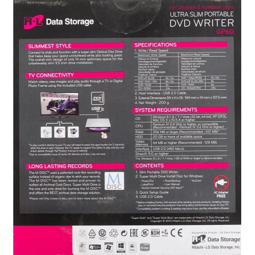 Оптический привод/ LG DVD-RW ext. Silver Slim Ret. USB2.0 (3.0 compatible)