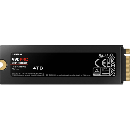 Твердотельный накопитель/ Samsung SSD 990 PRO, 4000GB, M.2(22x80mm), NVMe 2.0, PCIe 4.0 x4, V-NAND TLC, R/W 7450/6900MB/s, IOPs 1 400 000/1 550 000, DRAM buffer 4096MB, TBW 2400, DWPD 0.33, with Heatsink (12 мес.) Samsung Electronics