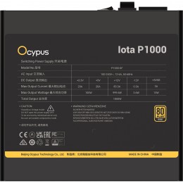 Блок питания ПК/ Power Supply Ocypus Iota P1000, Model P1000-GF, 1000W 80+ Gold (ATX, 3.1, Full modular, 1x24(20+4)pin, 2xCPU 8(4+4)pin, 3xPCIe*2 8(6+2)pin, 1x12V-2x6, 8xSATA3 , Active, 120x120mm, 150x140x86mm, APFC, black)