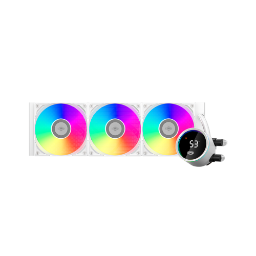 Система охлаждения/ Water Cooling System PCCooler DA360 Pro ARGB Digital WH (300W, 360mm, LED temp., White, ARGB/ Fans: 3x120mm, 75.8CFM, 33.7dBA, 2200RPM/ Pump height 57mm, 28dBA, 3000RPM, Rad thickness 27mm/ S: 1851, 1700, 1200, 20XX, 115X, AM5, AM4) Pc