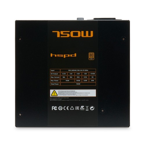 Блок питания/ Power Supply HSPD, 750W 80+ Gold (ATX, 2.52, Full modular, 1x24(20+4)pin 600mm, 2xCPU 8(4+4)pin 700mm, 2xPCIe*2 8(6+2)pin 600+150mm, 2xSATA*3 500+150+150mm, 1xMOLEX*3 500+150+150mm , Active, 120x120mm, 150x140x86mm, APFC, OVP, OPP, SCP, UVP,