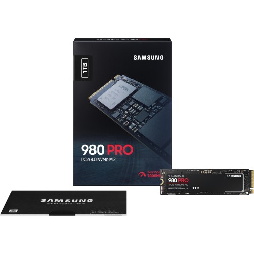 Твердотельные накопители/ Samsung SSD 980 PRO, 1000GB, M.2(22x80mm), NVMe 1.3c, PCIe 4.0 x4, 3-bit MLC, R/W 7000/5000MB/s, IOPs 1 000 000/1 000 000, DRAM buffer 1024MB, TBW 600, DWPD 0.33 (12 мес.) Samsung Electronics