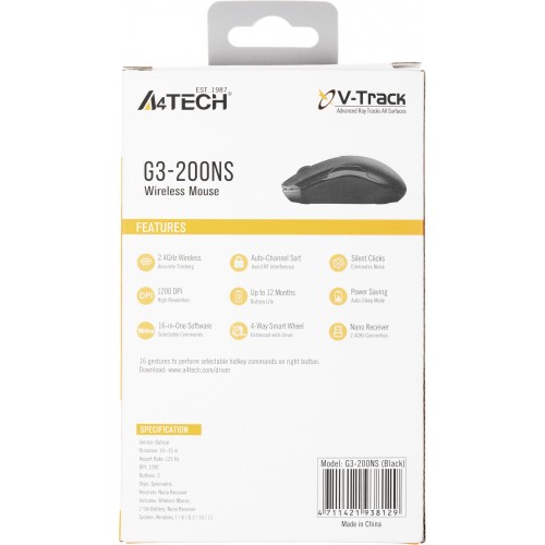 Мышь A4Tech V-Track G3-200NS: Оптическая беспроводная USB мышь 1200dpi в черном цвете